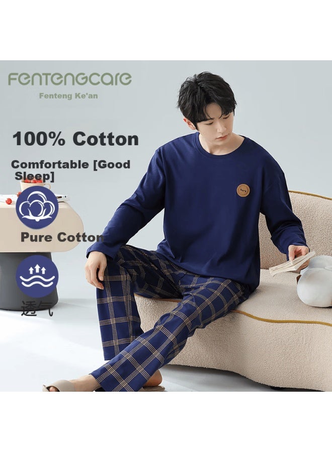 Fentengcare Men's Cotton Long Sleeve Long Pants Sleepwear Spring Autumn Comfortable Casual Pullover Homewear Qh