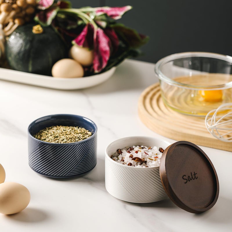 Adewnest Salt and Pepper Bowls: 10 oz Ceramic Stackable Spice Cellar with Wooden Lid - Stacked Seasoning Storage Containers for Countertop Stovetop - Striped, White & Navy - Image 3
