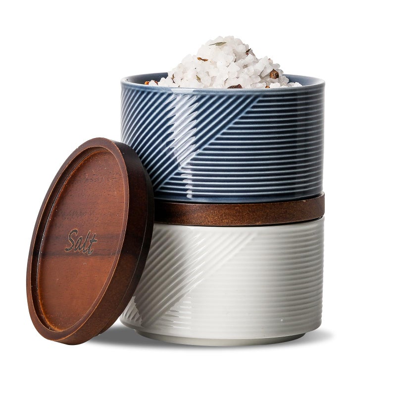 Adewnest Salt and Pepper Bowls: 10 oz Ceramic Stackable Spice Cellar with Wooden Lid - Stacked Seasoning Storage Containers for Countertop Stovetop - Striped, White & Navy - Image 1
