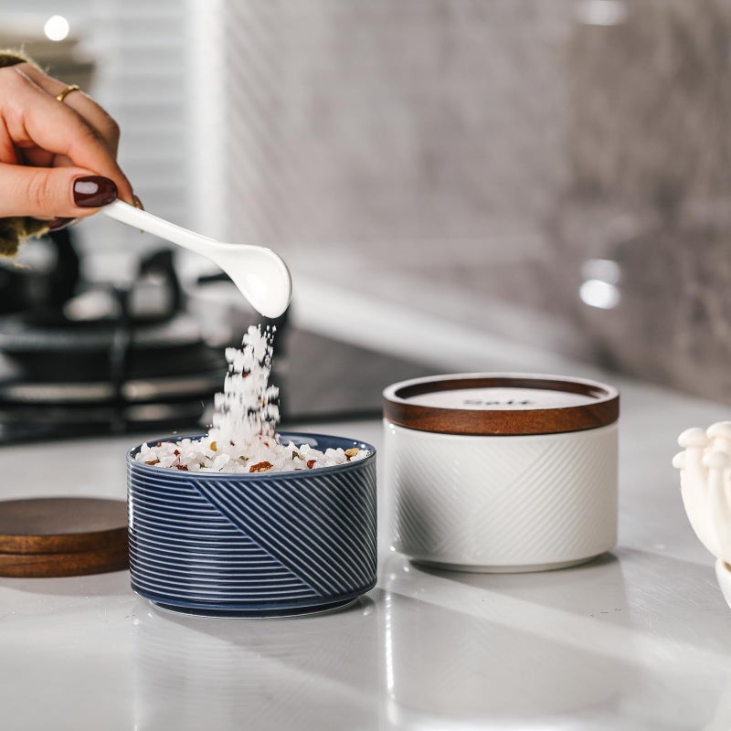 Adewnest Salt and Pepper Bowls: 10 oz Ceramic Stackable Spice Cellar with Wooden Lid - Stacked Seasoning Storage Containers for Countertop Stovetop - Striped, White & Navy - Image 4