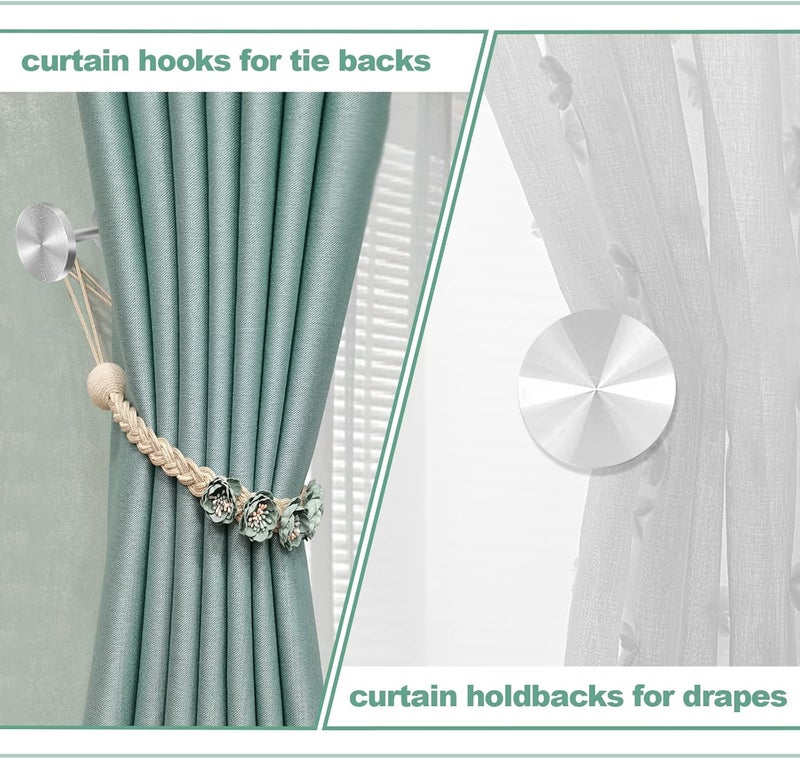 KOLAKO 4 PCS Curtain Holdbacks, Silver Curtain Tie Back Hooks, Metal Wall Mounted Modern Decorative Tiebacks Hanger Round Medallion Drapery Small Curtain Hold Backs Pair - Image 3