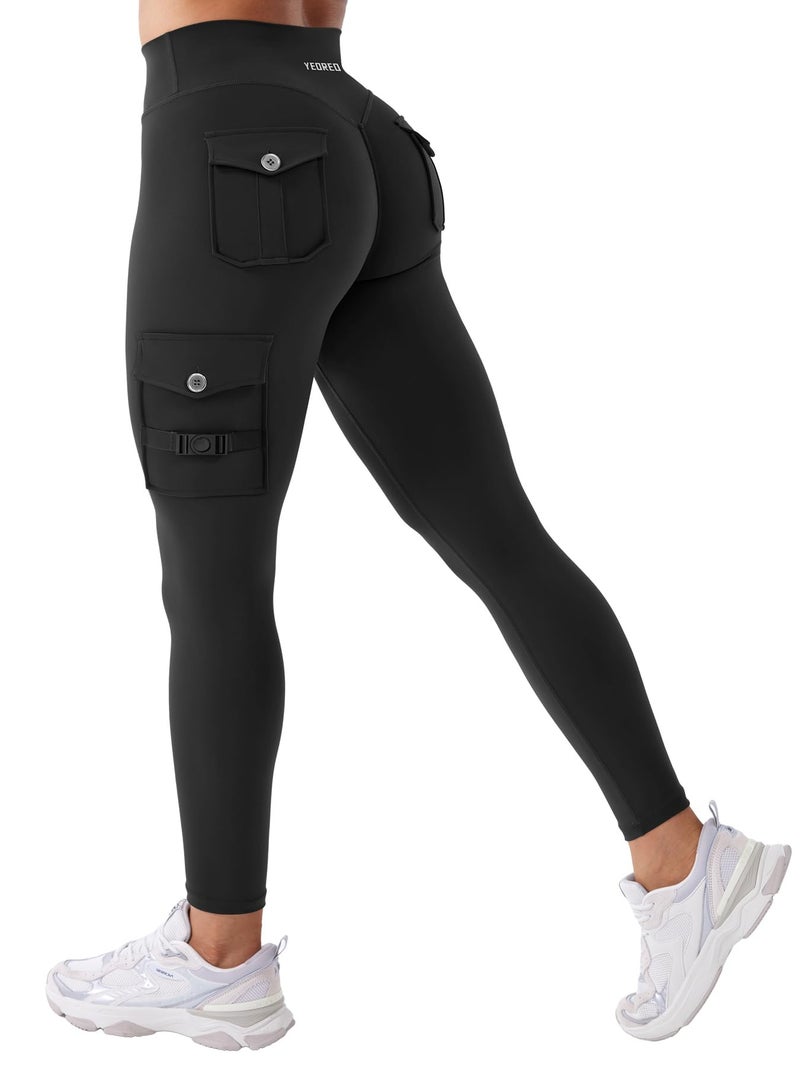 YEOREO CoreFlex Gym Workout Cargo Leggings with Pockets for Women Hidden Scrunch Butt Lifting Yoga Leggings Black XXL - Image 1