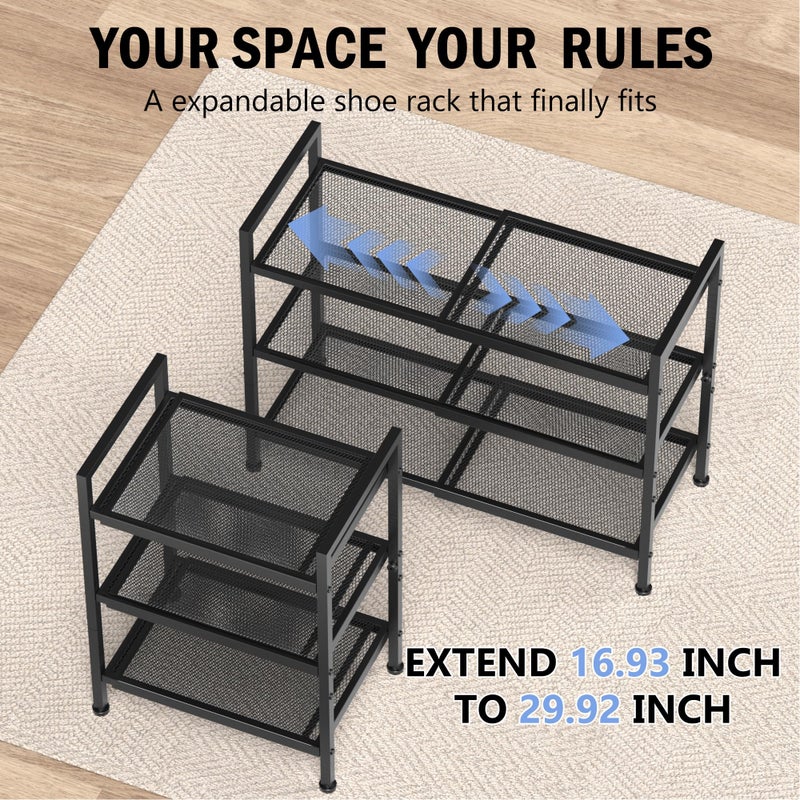 neatevday 3 Tier Shoe Rack, Expandable Shoe Rack for Closet, Adjustable Shoe Organizer for Entryway, Shoe Storage Organizer for Door Entrance, Garage, Bedroom - Image 3