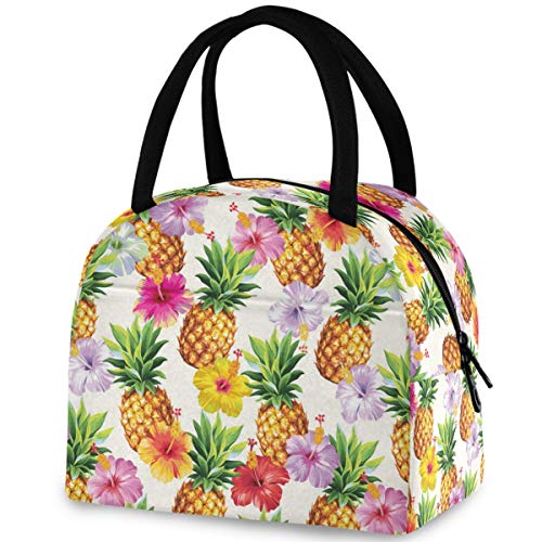ZzWwR Tropical Colors Flowers Pineapple Reusable Lunch Tote Bag with Front Pocket Zipper Closure Insulated Thermal Cooler Container Bag for Man Women Work Picnic Travel Beach Fishing - Image 2