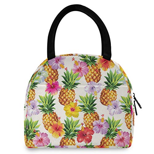 ZzWwR Tropical Colors Flowers Pineapple Reusable Lunch Tote Bag with Front Pocket Zipper Closure Insulated Thermal Cooler Container Bag for Man Women Work Picnic Travel Beach Fishing - Image 4