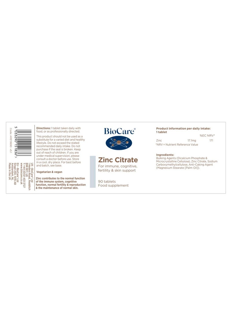 Biocare - Zinc Citrate For Immune Cognitive, Fertility And Skin Support 90 Tablets Food Supplement - Image 1
