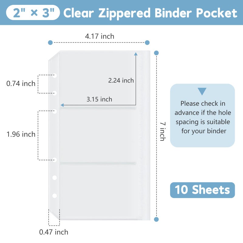 Dajino 10 Pack Multi-Compartment Zippered Clear Binder Pocket Sleeves for 6 Ring A6 Binder - Divided Zipper Pouch Money Cash Saving Budget Binder Insert Refill Card Page Protectors Loose Leaf Bags (3-Pocket) - Image 2