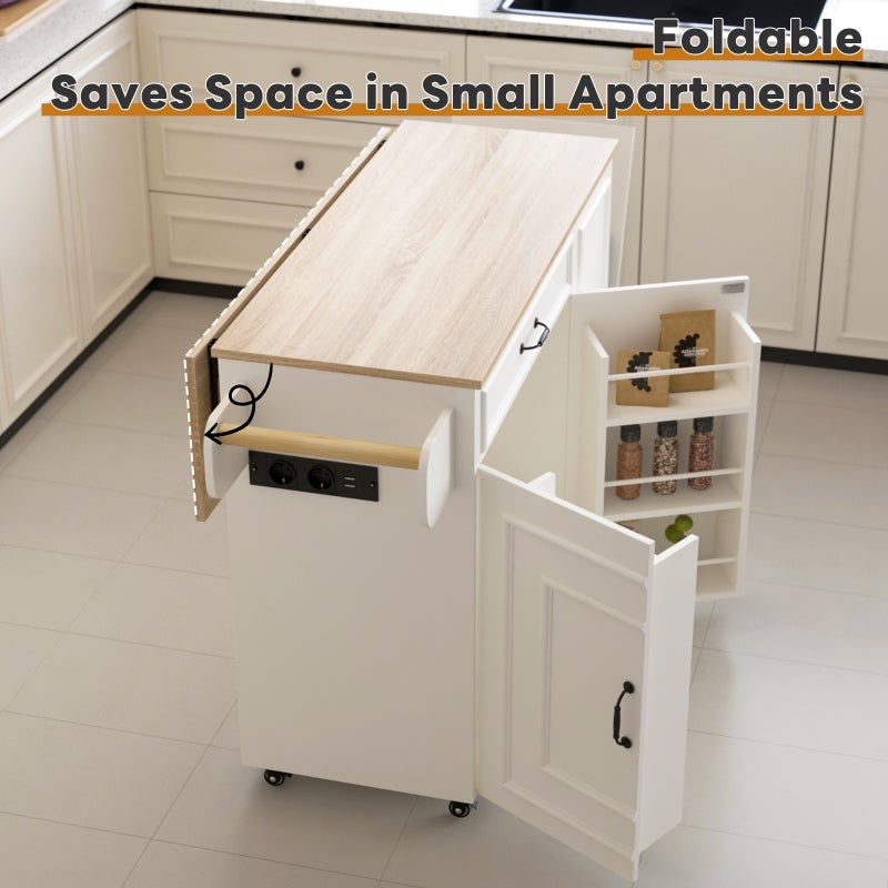SHARPDO Rolling Kitchen Island Kitchen Table Kitchen Cabinet White Mobile Kitchen Island Cart on Wheels with Drop Leaf Top Towel Bar Trash Can Storage Cabinet Spice Racks Drawer MDF Freestanding Kitchen Storage Island Table for Home Kitchen - Image 5