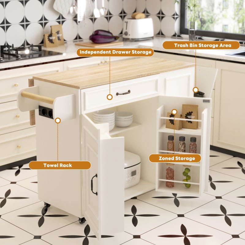 SHARPDO Rolling Kitchen Island Kitchen Table Kitchen Cabinet White Mobile Kitchen Island Cart on Wheels with Drop Leaf Top Towel Bar Trash Can Storage Cabinet Spice Racks Drawer MDF Freestanding Kitchen Storage Island Table for Home Kitchen - Image 3