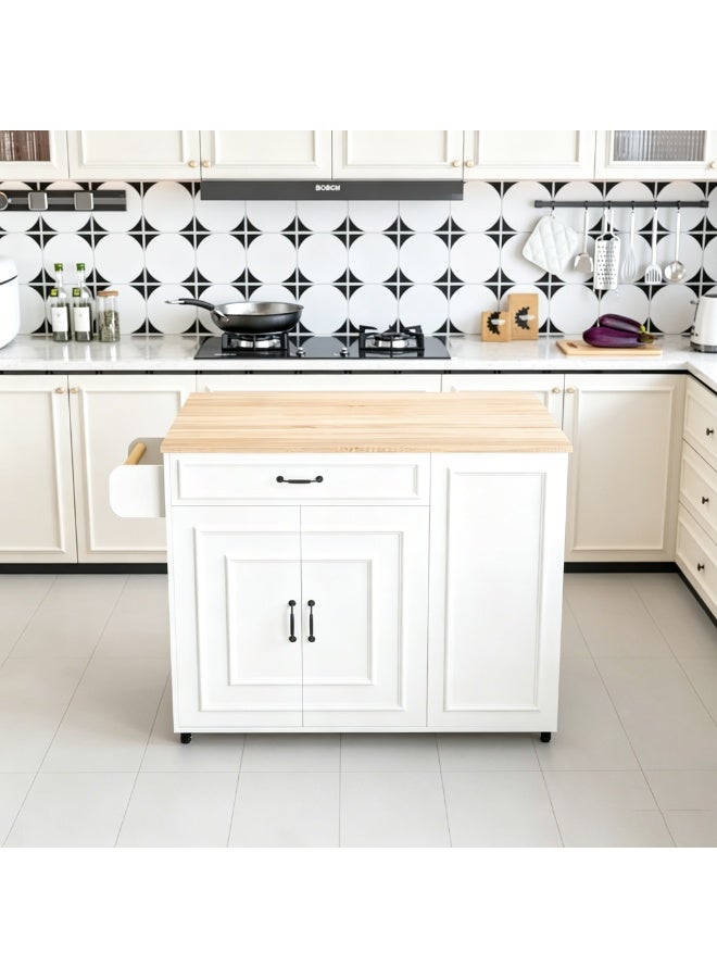 SHARPDO Rolling Kitchen Island Kitchen Table Kitchen Cabinet White Mobile Kitchen Island Cart on Wheels with Drop Leaf Top Towel Bar Trash Can Storage Cabinet Spice Racks Drawer MDF Freestanding Kitchen Storage Island Table for Home Kitchen - Image 1