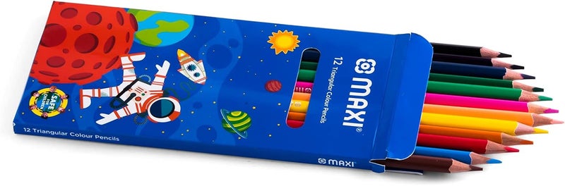 ماكسي أقلام تلوين 12 لونًا + قلم رصاص جرافيت بطرف ممحاة 12 قطعة + ممحاة خالية من الغبار 2 قطعة + مبراة بلاستيكية + قلم حبر جاف (مجموعة أساسية) - Image 3