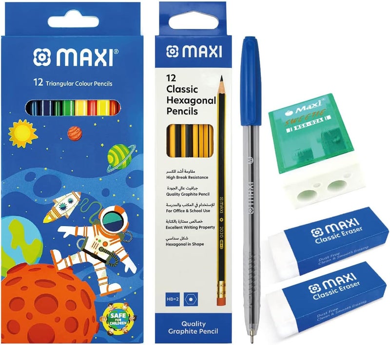 ماكسي أقلام تلوين 12 لونًا + قلم رصاص جرافيت بطرف ممحاة 12 قطعة + ممحاة خالية من الغبار 2 قطعة + مبراة بلاستيكية + قلم حبر جاف (مجموعة أساسية) - Image 2