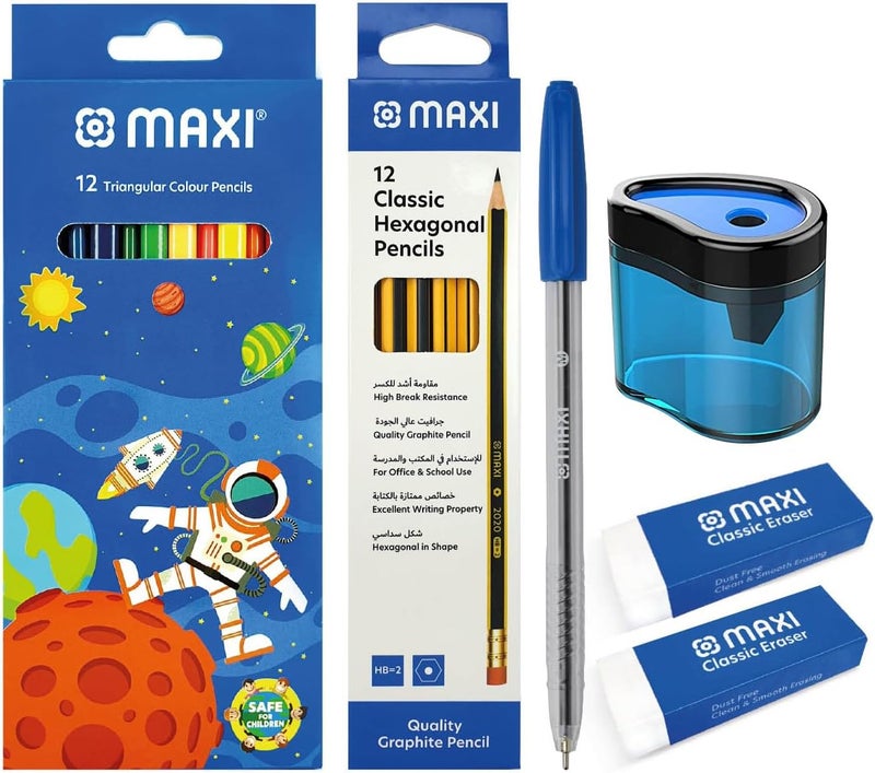 ماكسي أقلام تلوين 12 لونًا + قلم رصاص جرافيت بطرف ممحاة 12 قطعة + ممحاة خالية من الغبار 2 قطعة + مبراة بلاستيكية + قلم حبر جاف (مجموعة أساسية) - Image 1