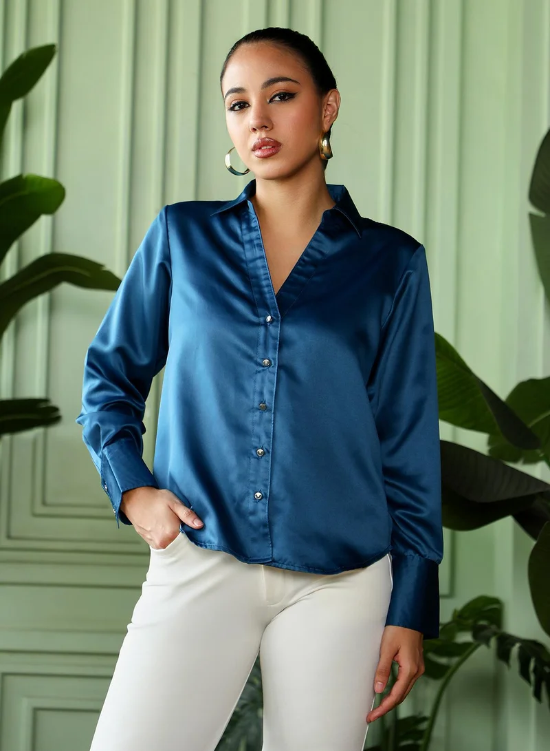 PINACOLADA  Women's Midnight Blue Satin Tailored Shirt | نساء | أكمام طويلة | سادة | كاجوال | قميص | طوق منتشر for Women | Best Price UAE