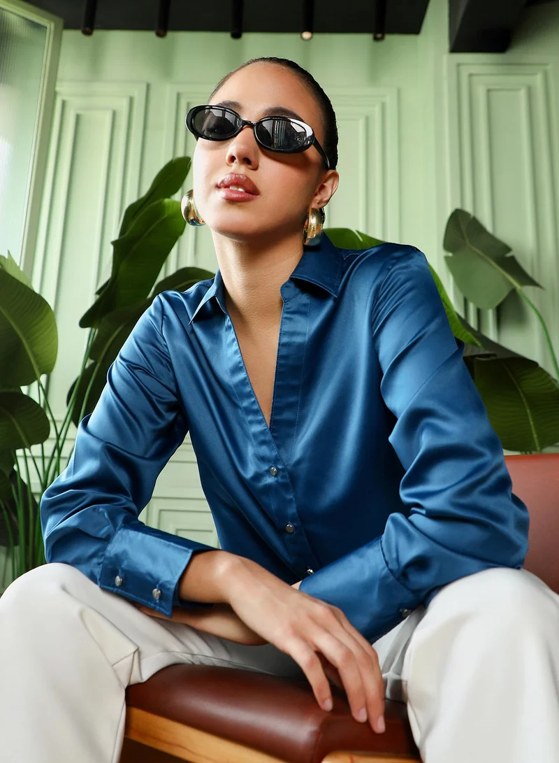 Women's Midnight Blue Satin Tailored Shirt | نساء | أكمام طويلة | سادة | كاجوال | قميص | طوق منتشر