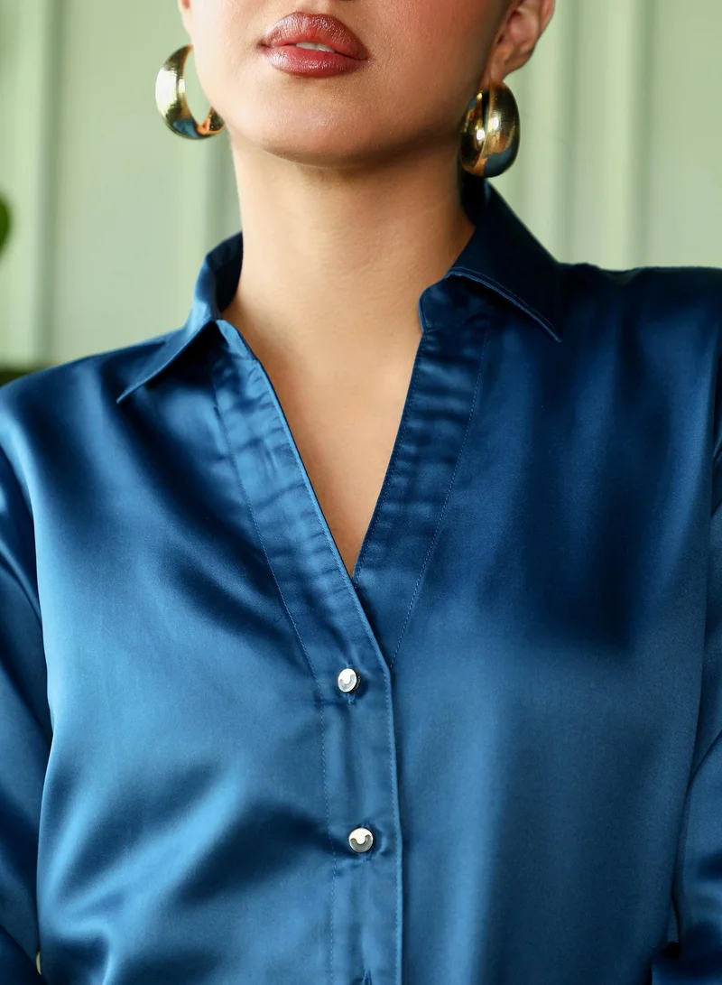 PINACOLADA  Women's Midnight Blue Satin Tailored Shirt | نساء | أكمام طويلة | سادة | كاجوال | قميص | طوق منتشر for Women | Best Price UAE
