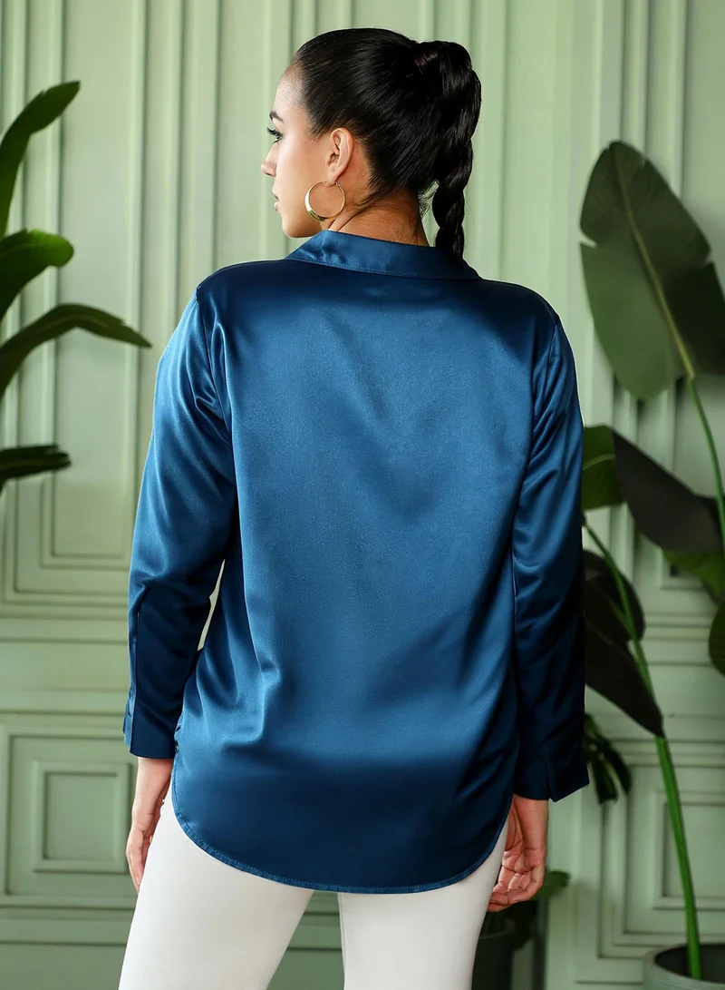 PINACOLADA  Women's Midnight Blue Satin Tailored Shirt | نساء | أكمام طويلة | سادة | كاجوال | قميص | طوق منتشر for Women | Best Price UAE