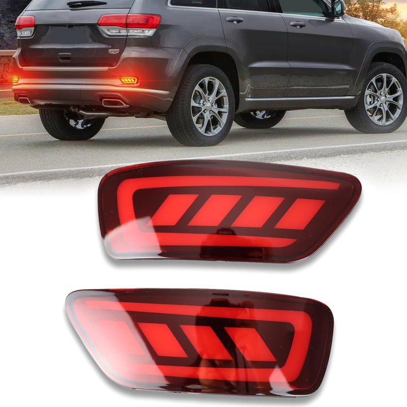 PGTOPONE Red LED Rear Bumper Reflectors Fog Brake Tail Light Sequential Turn Signal Lamps Accessories Compatible with Jeep Grand Cherokee 20122021 Compass 20112017 Dodge Journey 20112017 RED