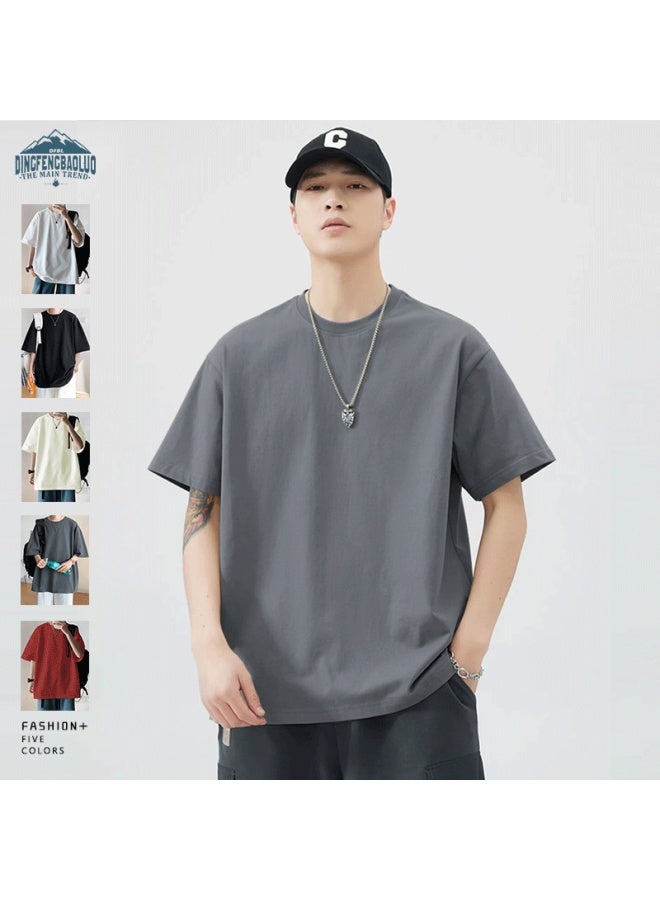 Dingfengbaoluo Style Solid Color Pure Cotton Short-sleeve T-shirt For Men, Summer Basic Loose Undershirt Inner Layer Gh255 Gray 2XL - Image 2