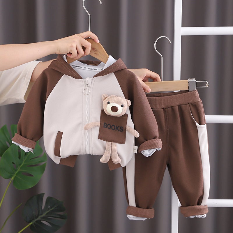 Spring and Autumn New Childrens Baby Handsome Color-matching Bear Jacket Three-piece Set Boys Autumn Long-sleeved Three-piece Set Brown two-piece set 