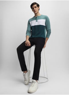 Dennis Lingo Sea Blue Slim Fit Colour Blocked Henley Neck T-shirt for Men - 100% Cotton, Full Sleeve, Casual  - Image 1