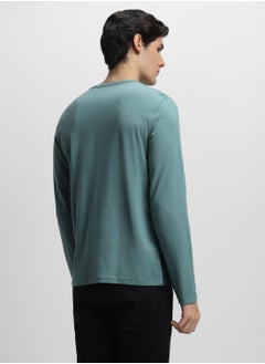 Dennis Lingo Sea Blue Slim Fit Colour Blocked Henley Neck T-shirt for Men - 100% Cotton, Full Sleeve, Casual  - Image 3