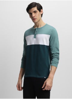 Dennis Lingo Sea Blue Slim Fit Colour Blocked Henley Neck T-shirt for Men - 100% Cotton, Full Sleeve, Casual  - Image 2