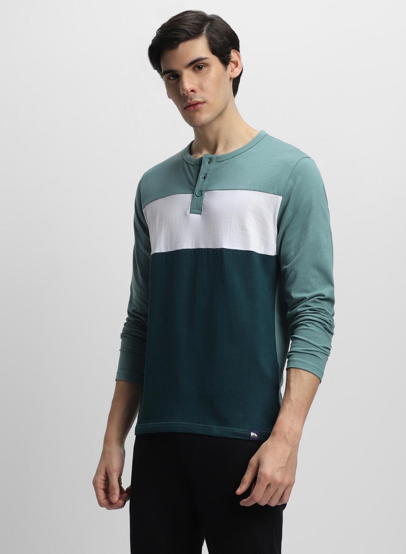 Dennis Lingo Men's Sea Blue 100% Cotton Colourblocked Slim Fit T-Shirt - Image 2