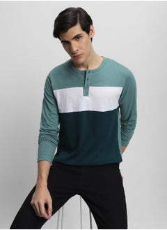 Dennis Lingo Sea Blue Slim Fit Colour Blocked Henley Neck T-shirt for Men - 100% Cotton, Full Sleeve, Casual  - Image 5