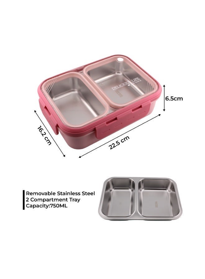 CRAVISTA Stainless Steel Bento Lunch Box, Leak Proof Lunchbox for Kids, BPA Free Bento Box for Kids and Adults | Tiffin for Office and School (Pink, 700 ML, 2 Compartment) - Image 3