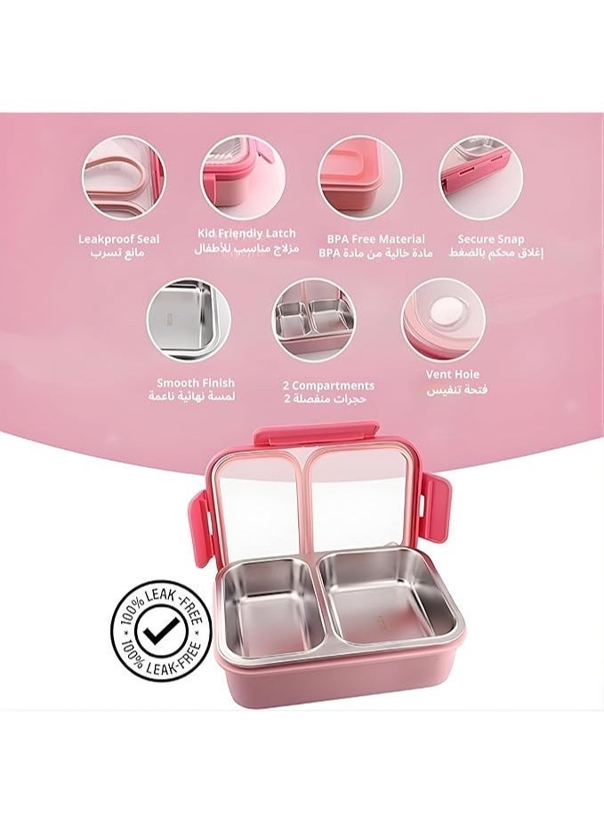 CRAVISTA Stainless Steel Bento Lunch Box, Leak Proof Lunchbox for Kids, BPA Free Bento Box for Kids and Adults | Tiffin for Office and School (Pink, 700 ML, 2 Compartment) - Image 2