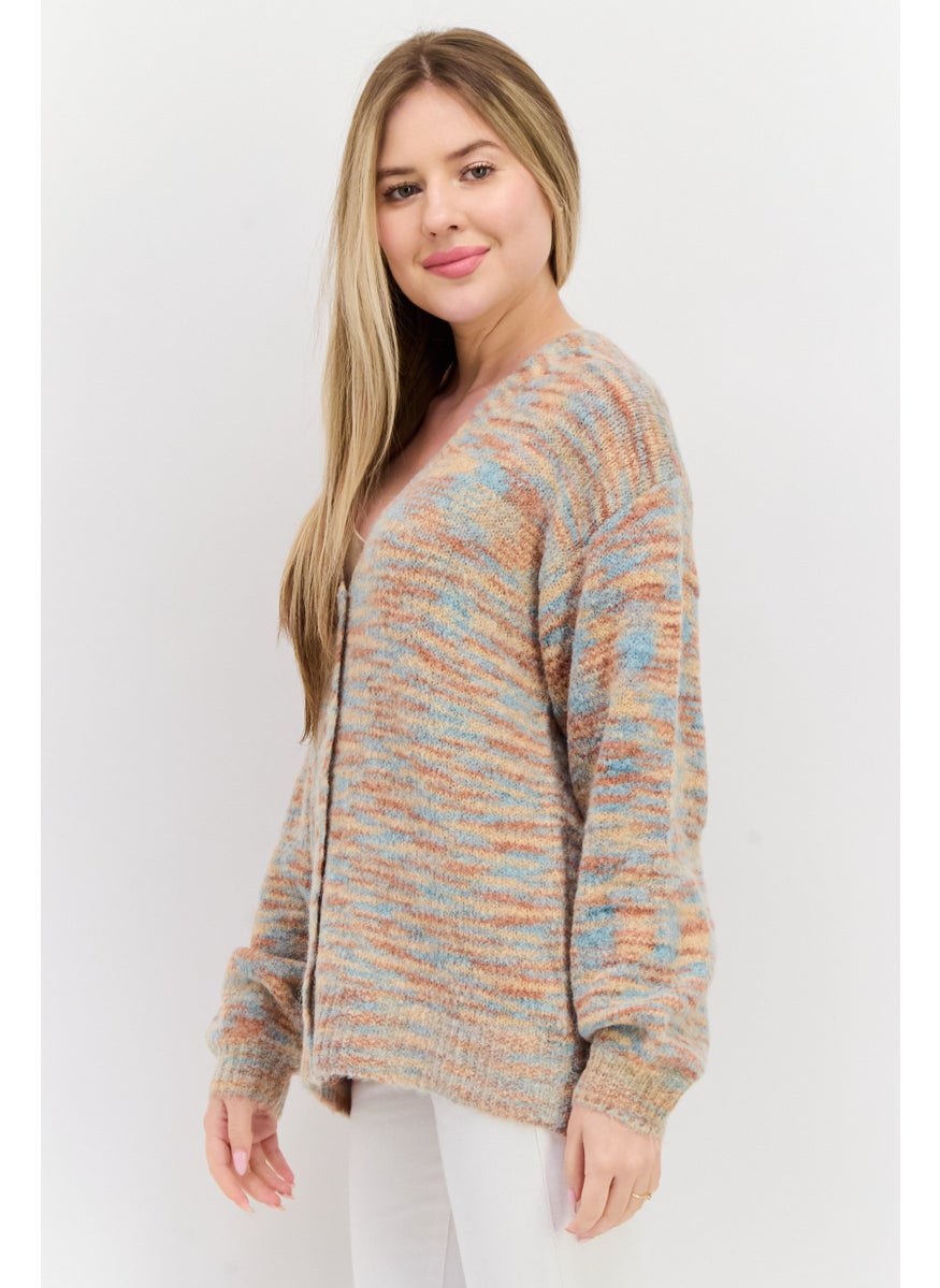 NIA Women V Neck Space Dye Cardigans, Blue Combo  - Image 3