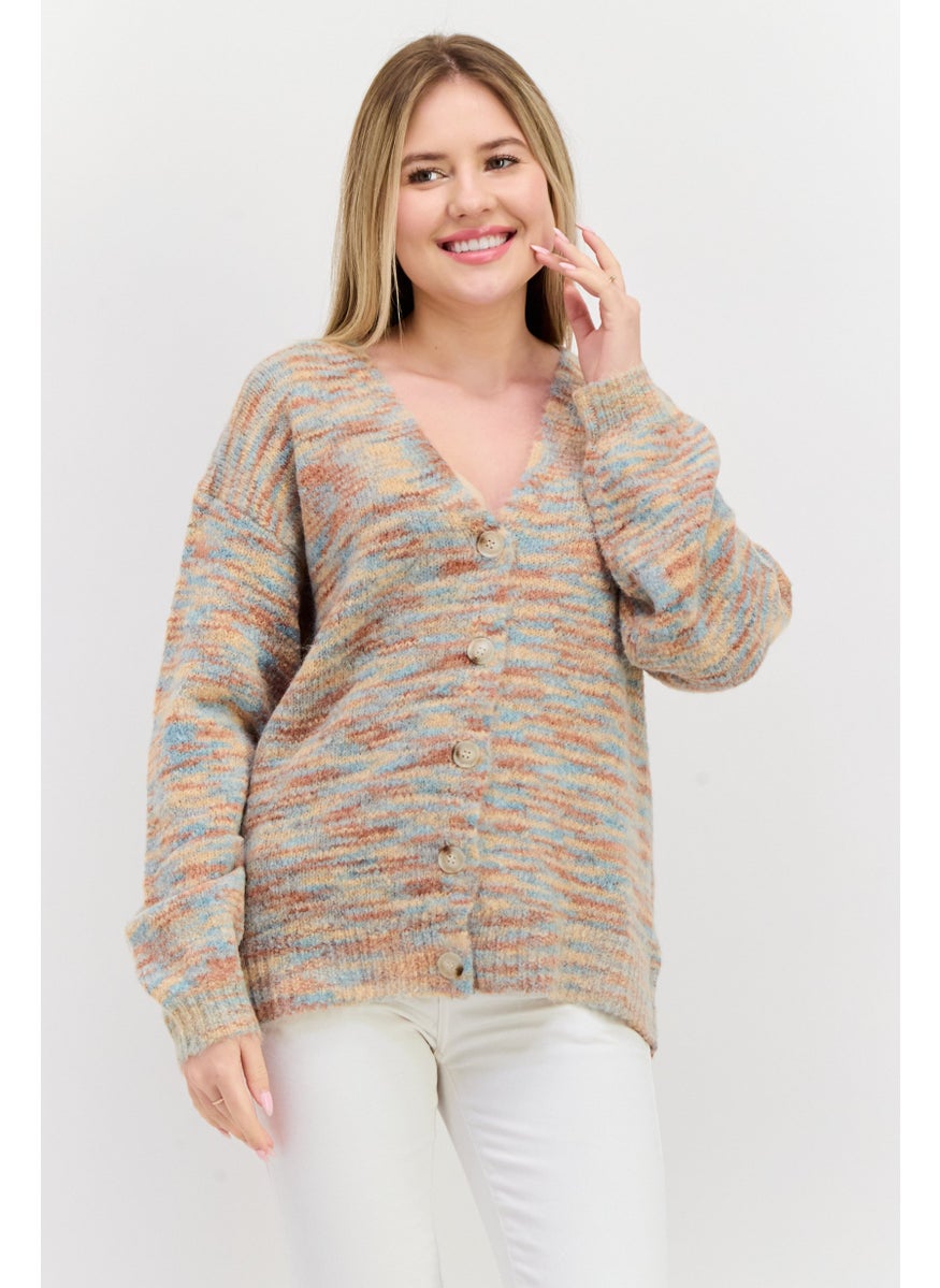 NIA Women V Neck Space Dye Cardigans, Blue Combo  - Image 1