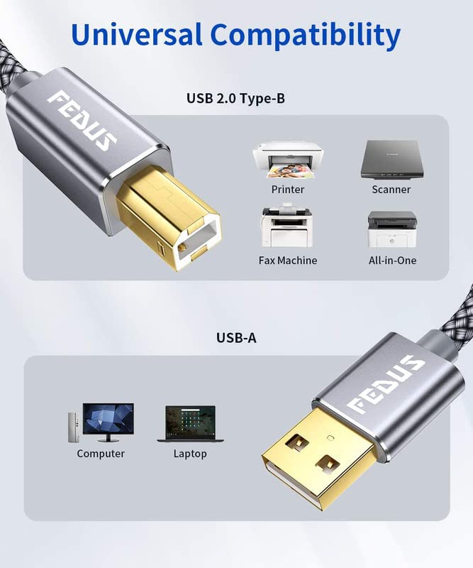 FEDUS 5M USB Printer Cable, Nylon Braided Gold Plated USB A to Male To USB B 2.0 Cable Cord Compatible with Printers, Scanner For Brother Dell, HP, Epson, Canon, Lexmark, Xerox, Samsung, Epson - Image 2