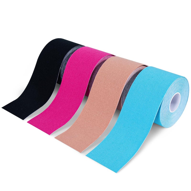 OBTANIM 4 Rolls Waterproof Breathable Kinesiology Tape Athletic Elastic Kneepad Muscle Pain Relief Knee Taping for Gym Fitness Running Tennis Swimming Football Black Skin Pink Light Blue