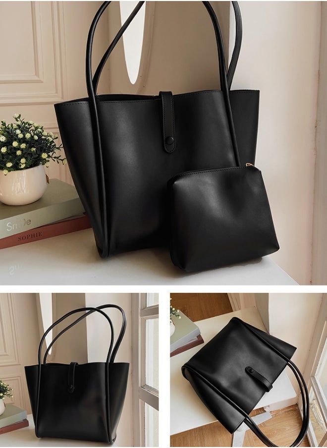 Generic 2 PC Large Capacity Tote Bag for Women, Ladies PU Leather Handbag Shopping Bag Clutch Bag Shoulder Bag, Daily Commuting Carrying Bag Side Bag Satchel Bag Office Bag for Girls/College Students/Teenager  - Image 3