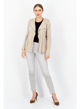 Zero Women Split Long Sleeve Textured Cardigan, Beige  - Image 3