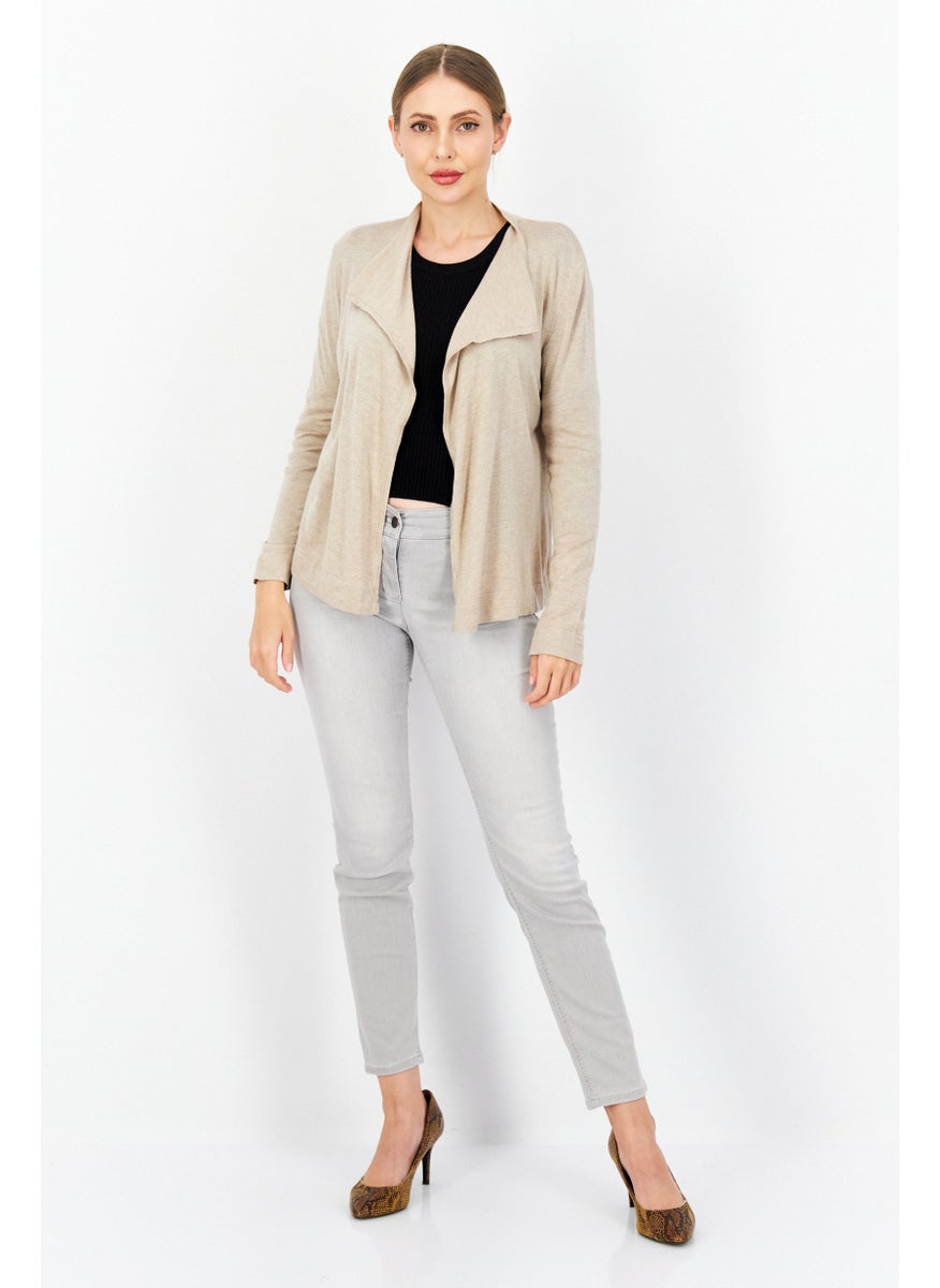 Zero Women Split Long Sleeve Textured Cardigan, Beige  - Image 3