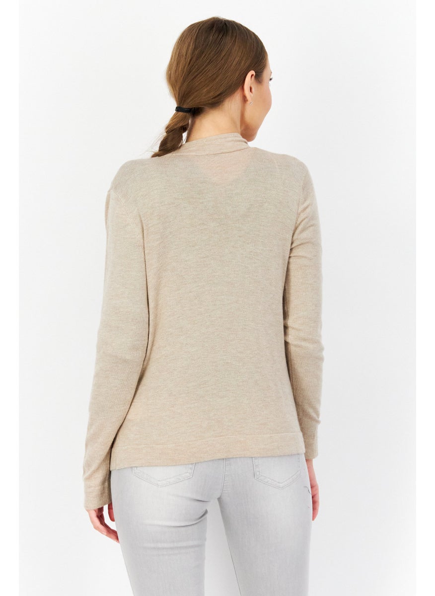 Zero Women Split Long Sleeve Textured Cardigan, Beige  - Image 4