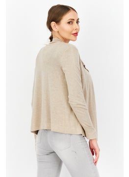 Zero Women Split Long Sleeve Textured Cardigan, Beige  - Image 2