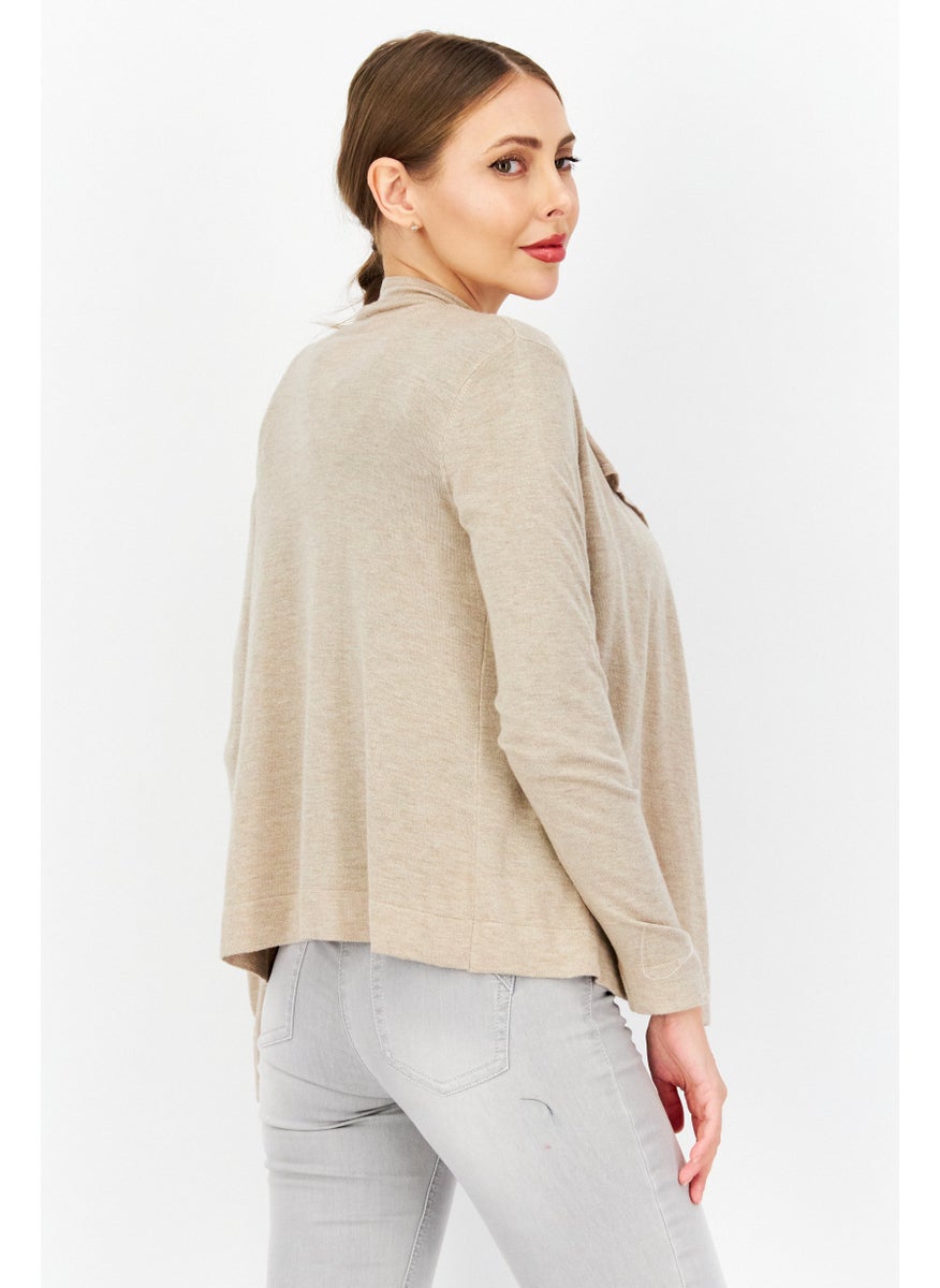 Zero Women Split Long Sleeve Textured Cardigan, Beige  - Image 2