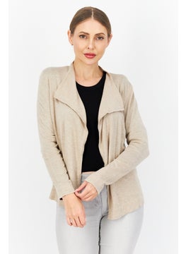 Zero Women Split Long Sleeve Textured Cardigan, Beige  - Image 1