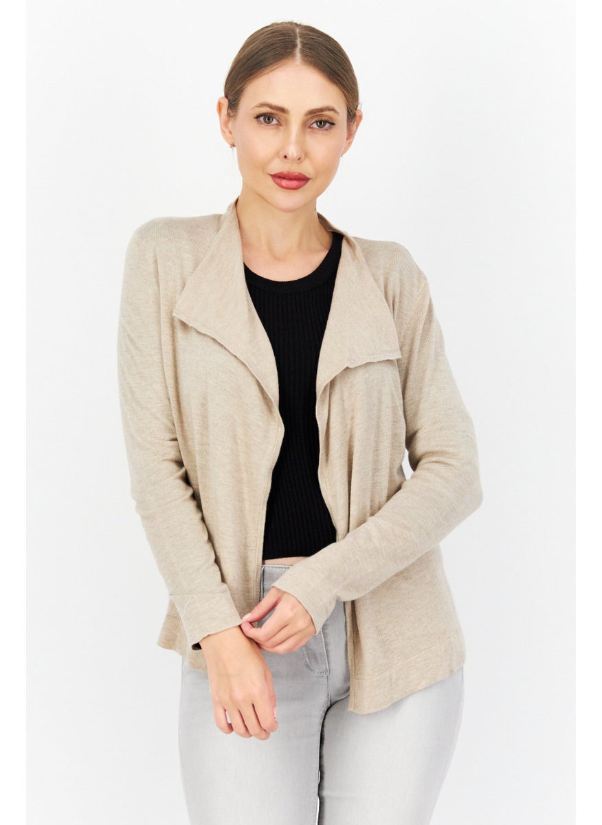 Zero Women Split Long Sleeve Textured Cardigan, Beige  - Image 1