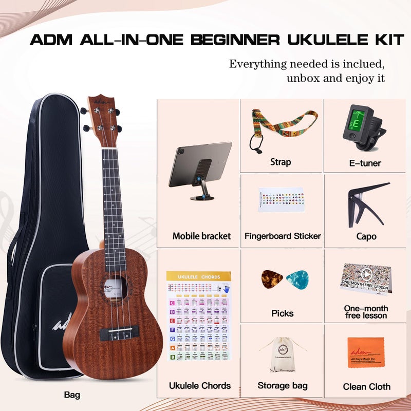 ADM Concert Ukulele Beginner Kit Mahogany Hawaiian Wood Ukelele Bundle Ukalalee Set with Uke Free Starter Lessons for Beginners Students and Adults, Yellow Brown (Khaki, 23 inch) - Image 3