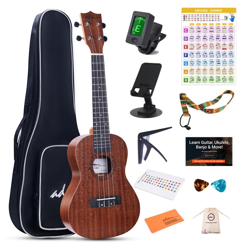 ADM Concert Ukulele Beginner Kit Mahogany Hawaiian Wood Ukelele Bundle Ukalalee Set with Uke Free Starter Lessons for Beginners Students and Adults, Yellow Brown (Khaki, 23 inch) - Image 1