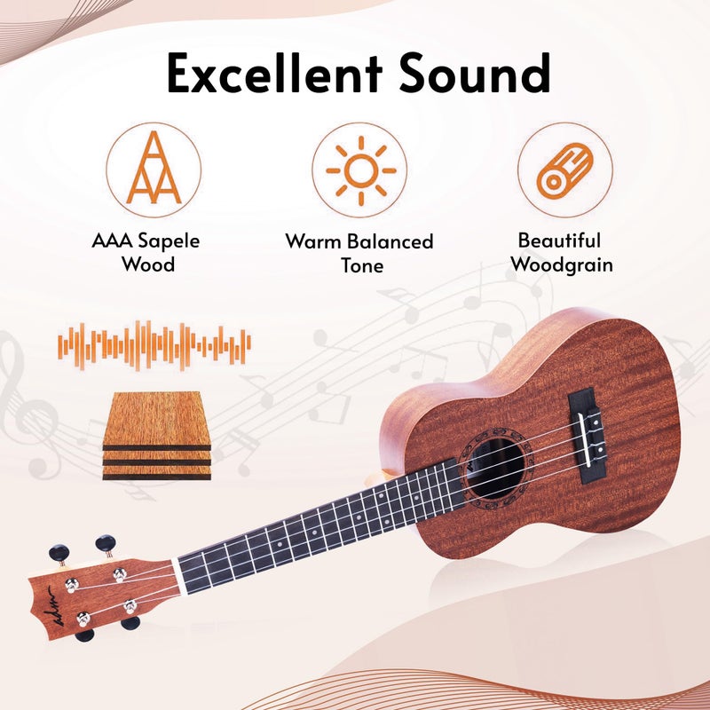 ADM Concert Ukulele Beginner Kit Mahogany Hawaiian Wood Ukelele Bundle Ukalalee Set with Uke Free Starter Lessons for Beginners Students and Adults, Yellow Brown (Khaki, 23 inch) - Image 5