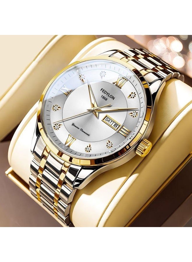 Fedylon FEDYLON Men’s Two-Tone Business Quartz Watch – White Dial, Dual Calendar, Luminous Hands, 30M Waterproof, Roman Numerals, Stainless Steel Look Wristwatch - Image 1