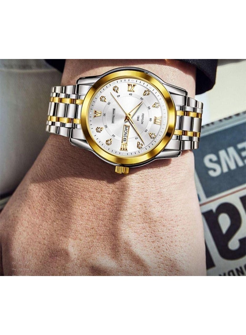 Fedylon FEDYLON Men’s Two-Tone Business Quartz Watch – White Dial, Dual Calendar, Luminous Hands, 30M Waterproof, Roman Numerals, Stainless Steel Look Wristwatch - Image 2