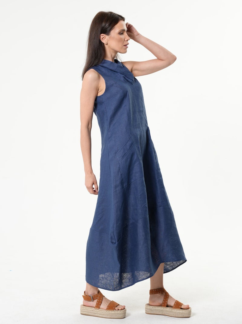 Metamorphoza Linen Hooded Dress In Blue - Image 3