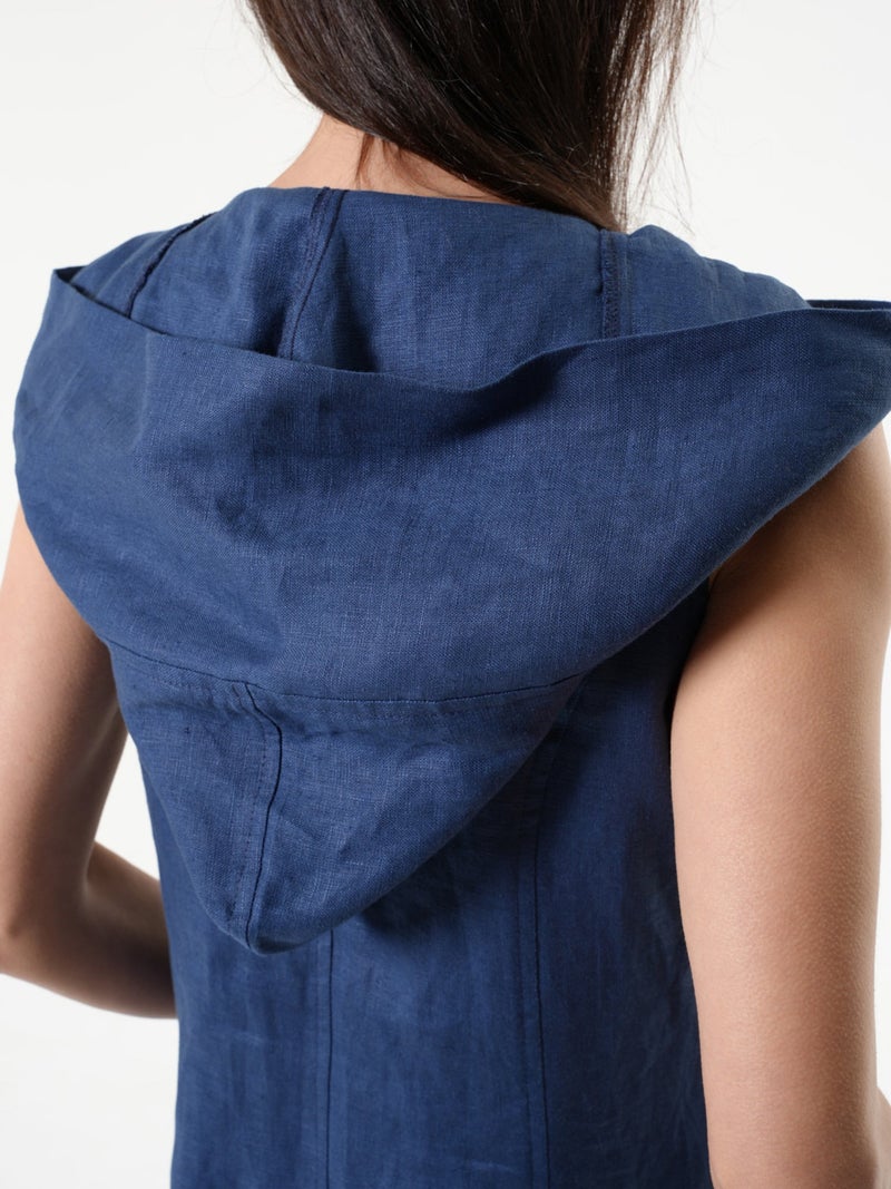 Metamorphoza Linen Hooded Dress In Blue - Image 4